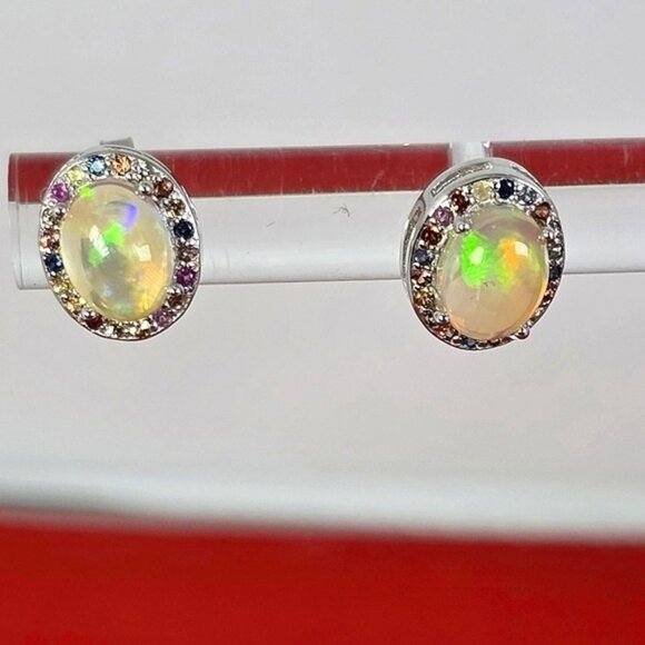 925 Sterling Silver Earrings with Natural White Opal 9x7mm & Sapphire Gemstone - Picture 2 of 6